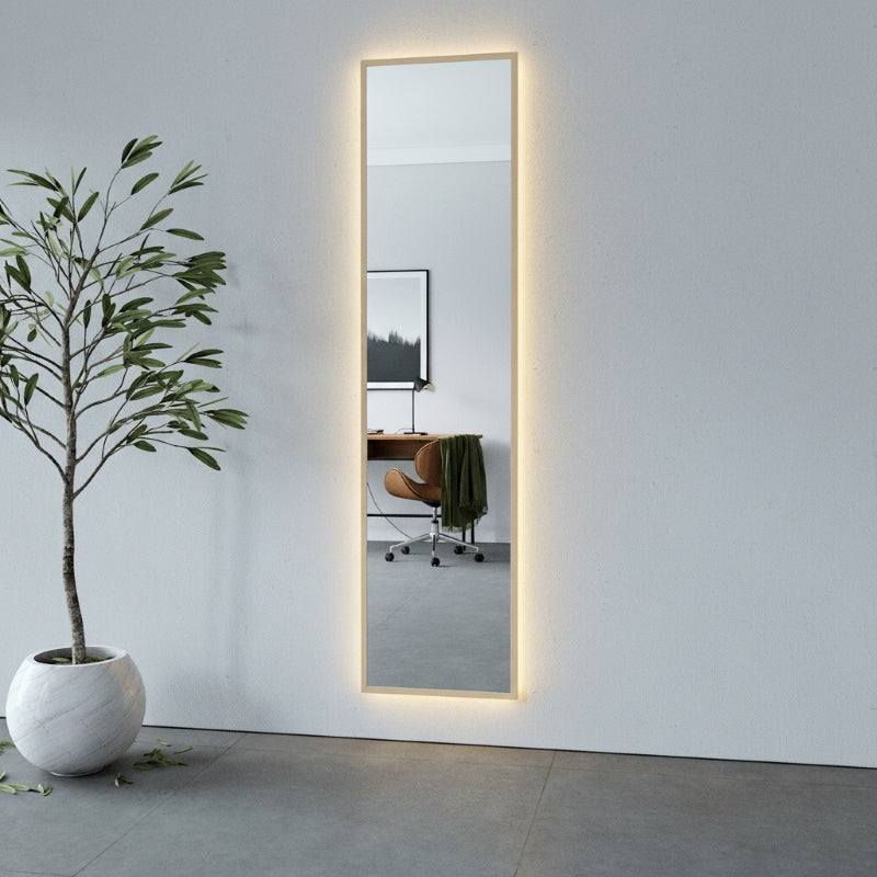 Slimline Spiegel mit Birkenholzrahmen und LED-Beleuchtung (50x200 cm)