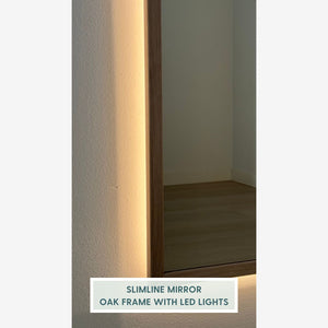 Slimline Full-Length LED Mirror With Oak Frame (50x200 cm)