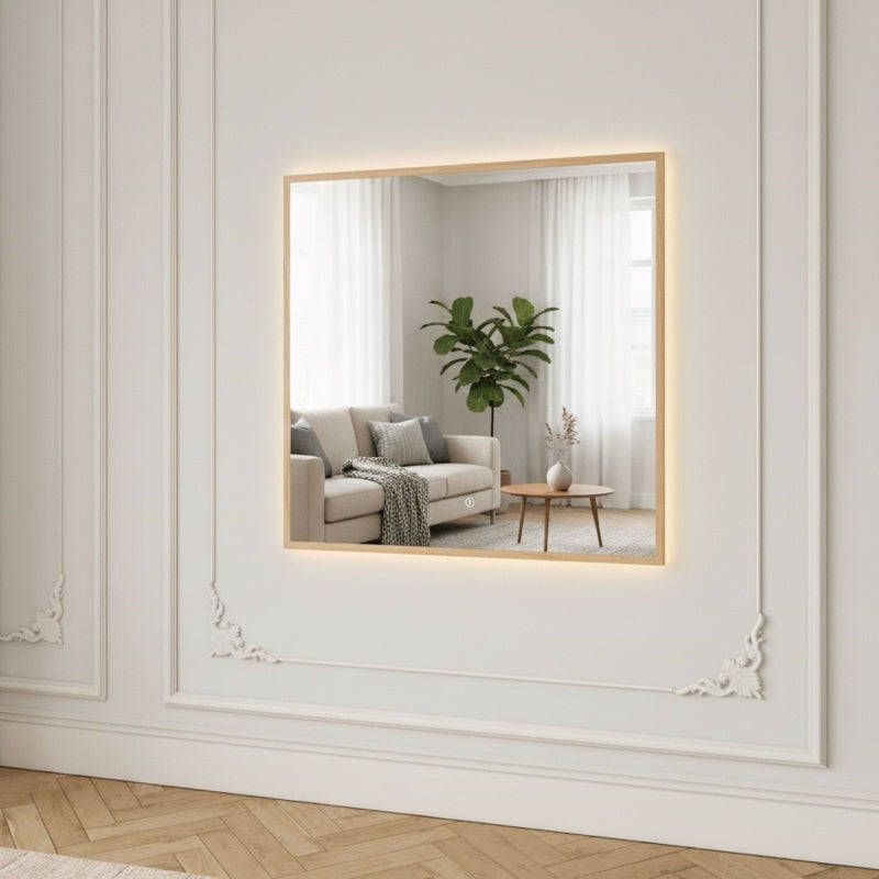 Slimline LED Mirror With Birch Frame (100x100 cm)