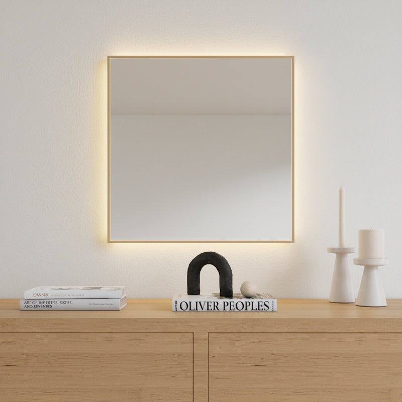 Slimline LED Mirror With Birch Frame (50x50 cm)