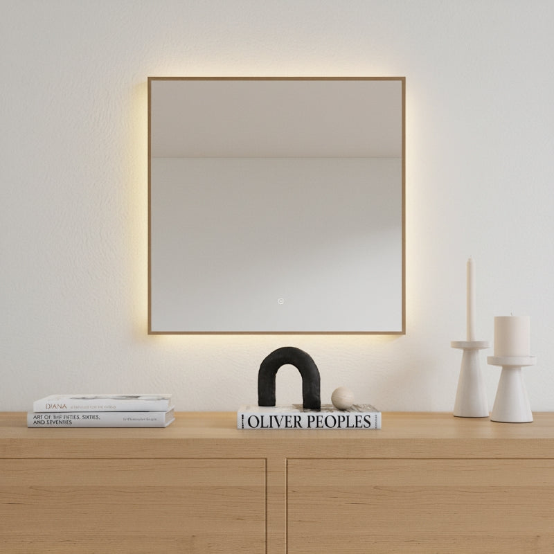 Slimline LED Mirror With Oak Frame (50x50 cm)