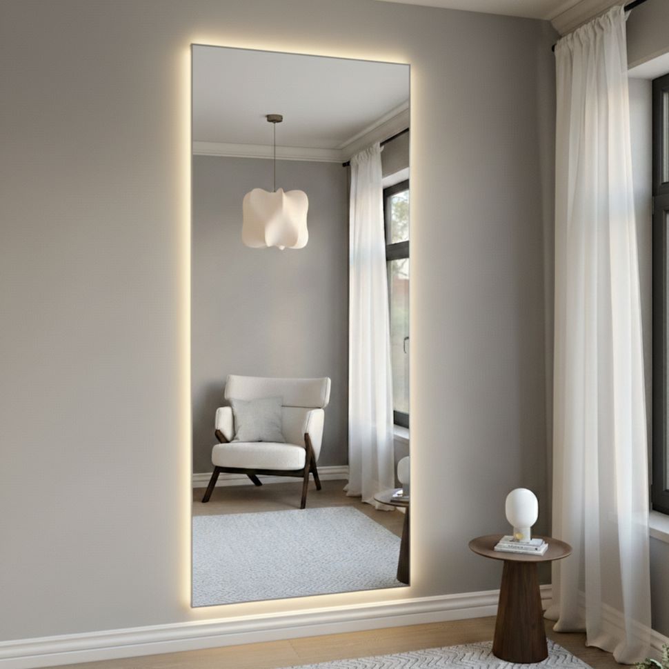 Slimline Ganzkörperspiegel mit LED-Beleuchtung und Silber Rahmen (100x220 cm)