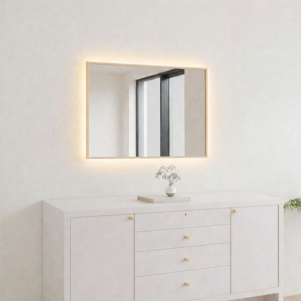 Slimline Spiegel mit Birkenholzrahmen und LED-Beleuchtung (50x60 cm)