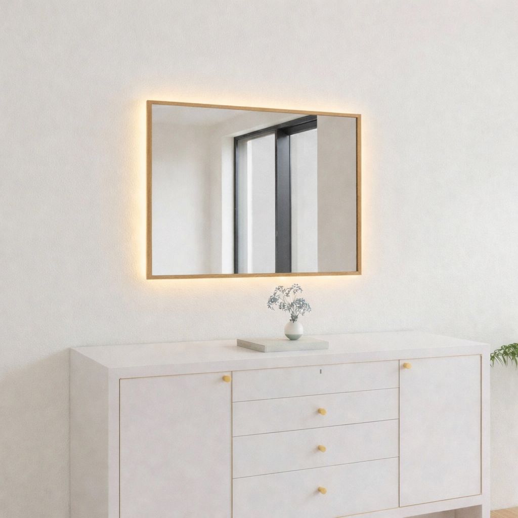 Slimline Spiegel mit Erlenrahmen und LED-Beleuchtung (50x60 cm)