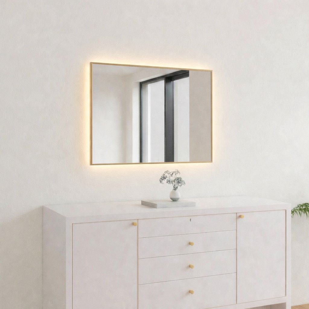 Slimline Spiegel mit Eichenholzrahmen und LED-Beleuchtung (50x60 cm)