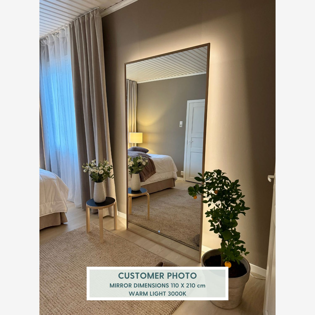 Slimline Full-Length LED Mirror With Oak Frame (50x200 cm)