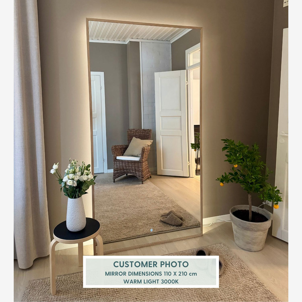 Slimline Full-Length LED Mirror With Oak Frame (50x200 cm)