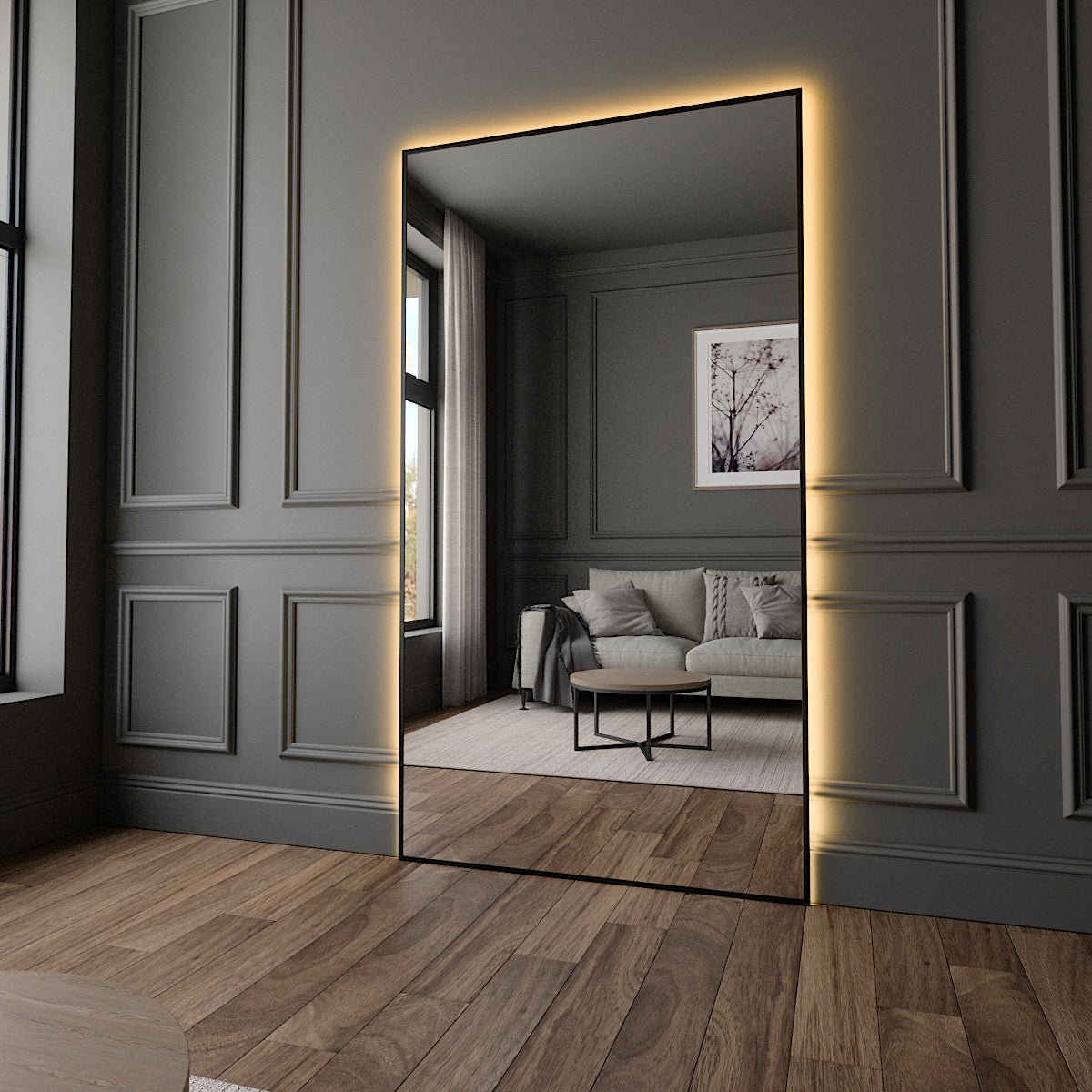 Slimline Mirror with black frame and colour-changing backlighting