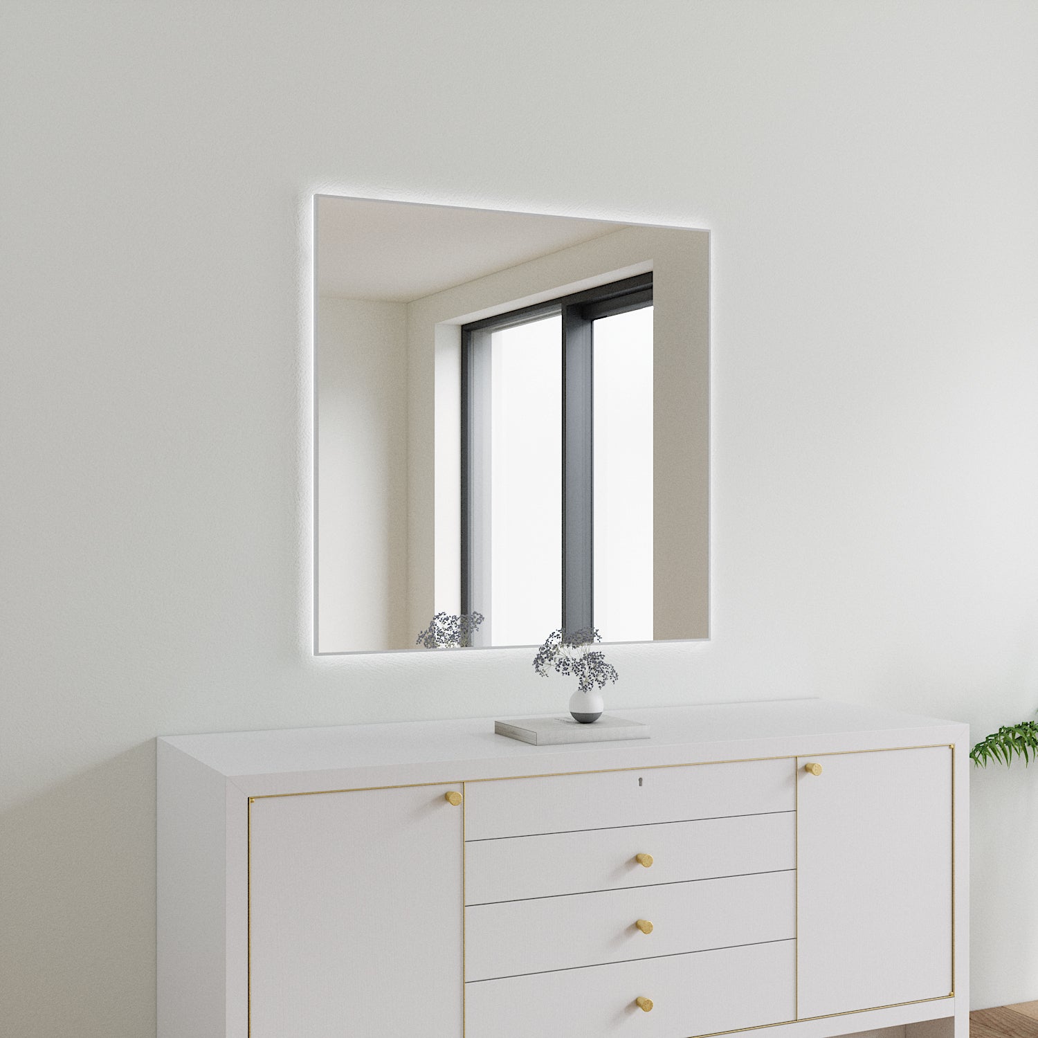 Slimline LED Mirror With White Frame (100x100cm)
