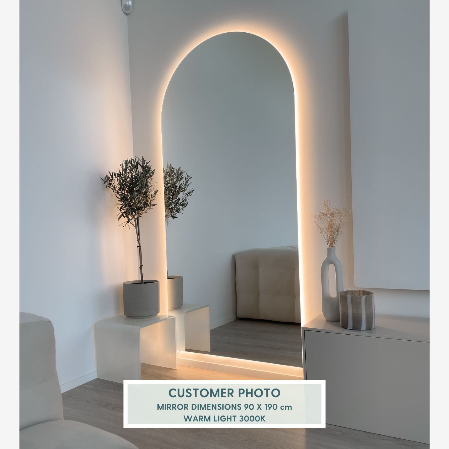 Kaari - Large Modern Arch Mirror With LED-Lights (90x190cm)