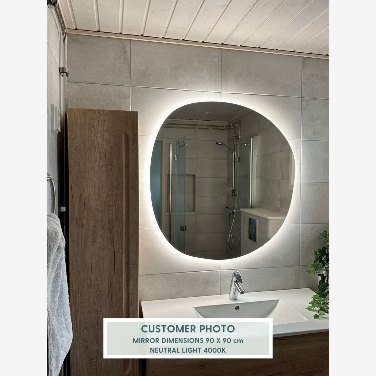 Stone - Asymmetrical Bathroom Mirror With Lights (90x90cm)