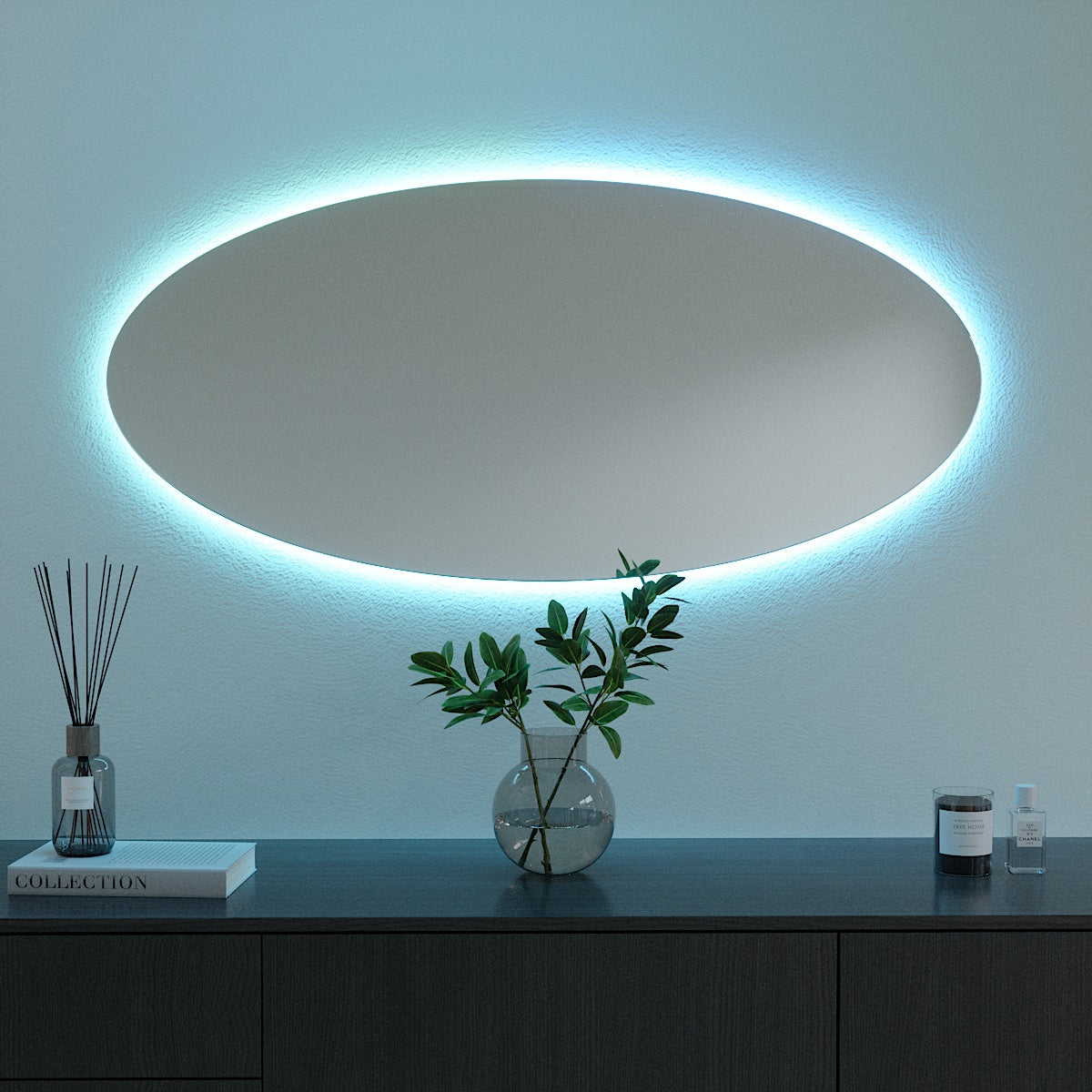 Oval Mirror with colour-changing backlighting