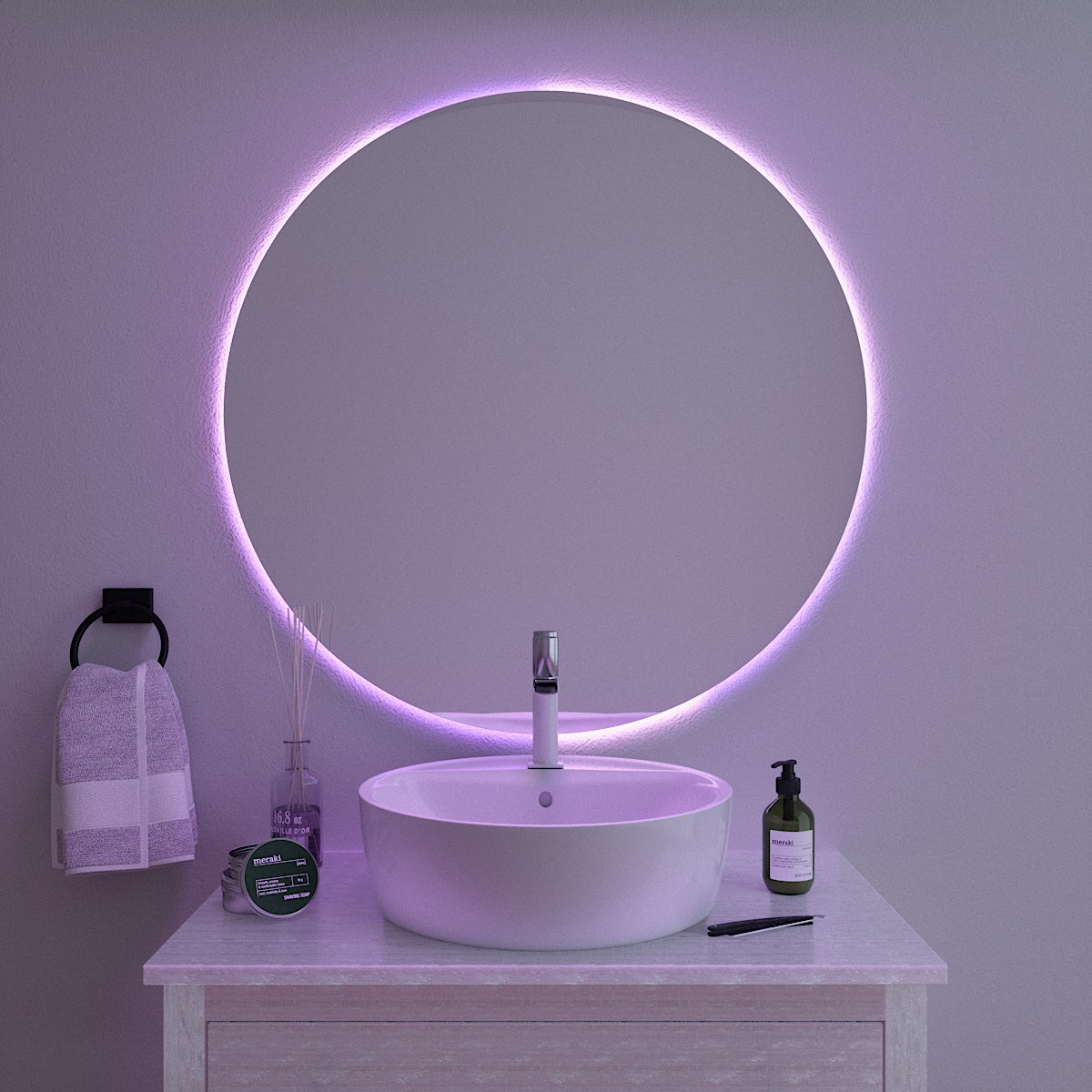 Round Mirror with colour-changing backlighting