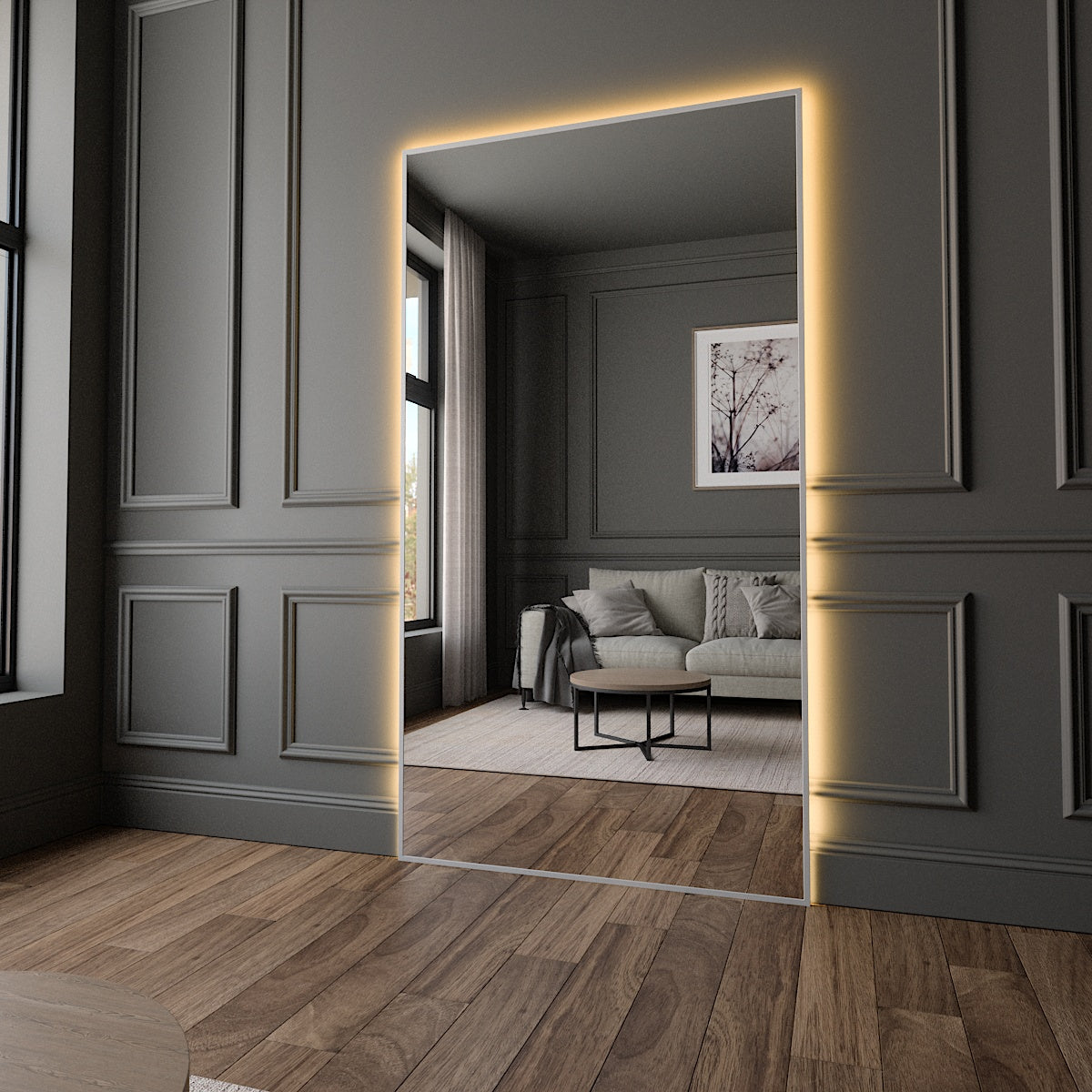 Slimline Mirror with white frame and colour-changing backlighting