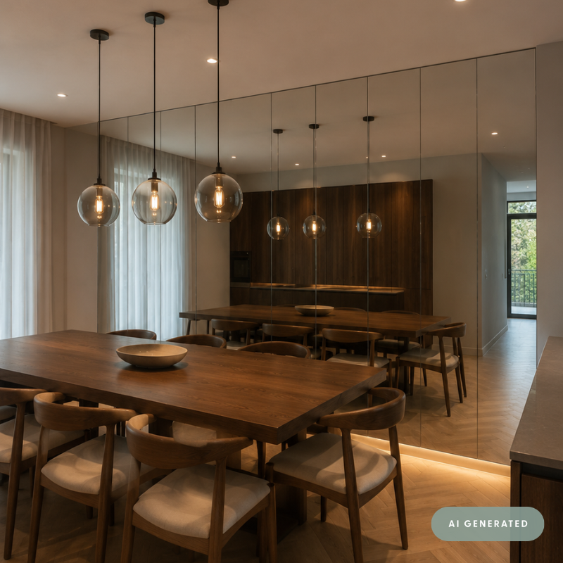 A modern dining room with a large wooden dining table and matching chairs, illuminated by five spherical glass pendant lights hanging above. The room features a large mirror wall reflecting the space, a dark wood accent wall, and light-colored curtains.