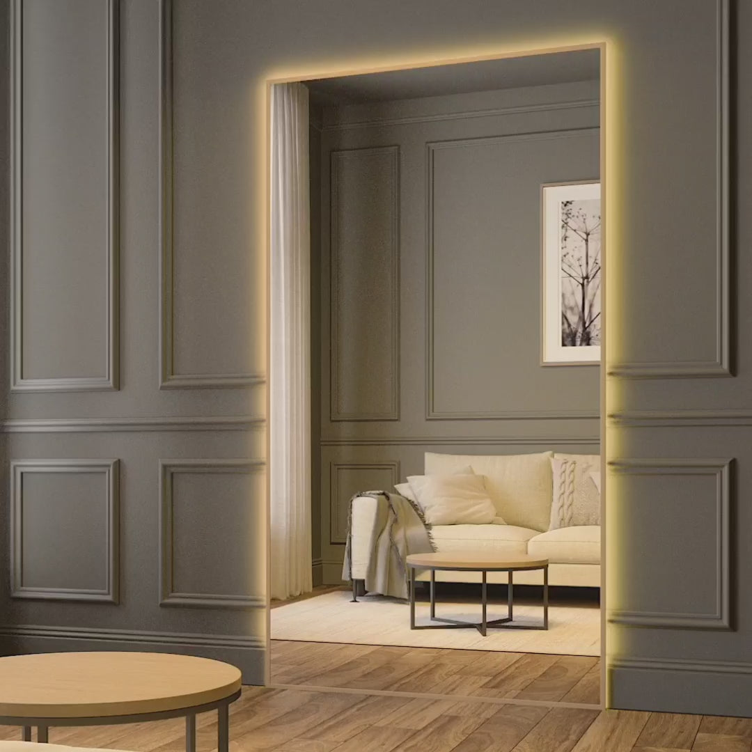 Load video: Slimline Mirror with white frame and colour-changing backlighting