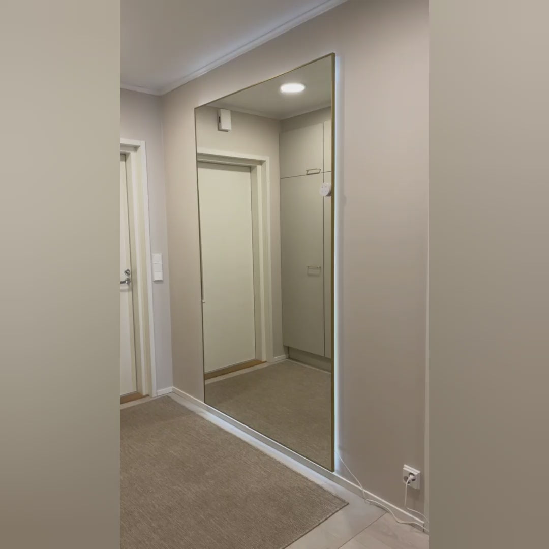 Load video: Slimline Full-Length LED Mirror With Gold Frame (100x170cm)