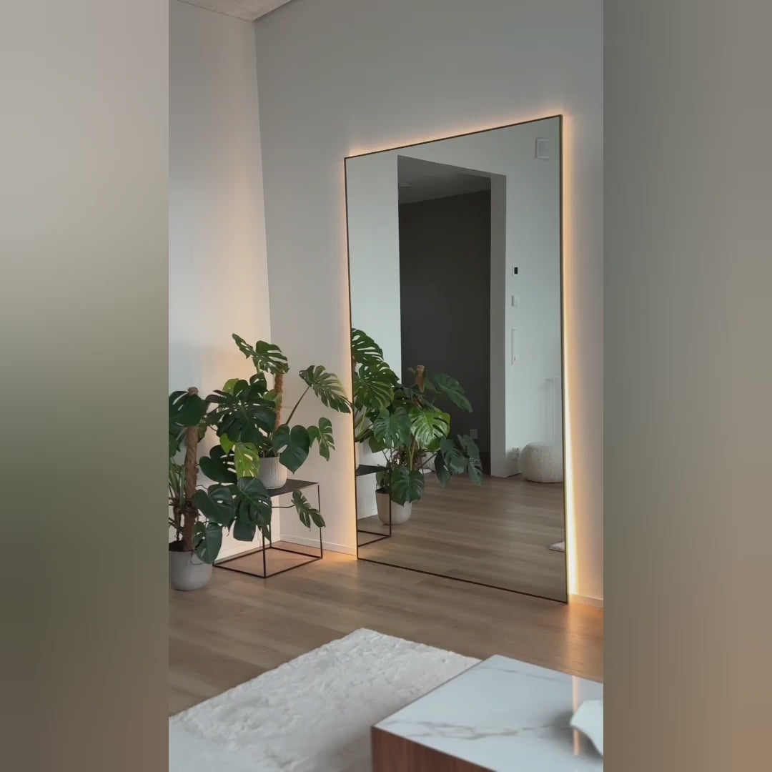 Load video: Slimline Full-Length LED Mirror With Bronze Frame (100x220cm)