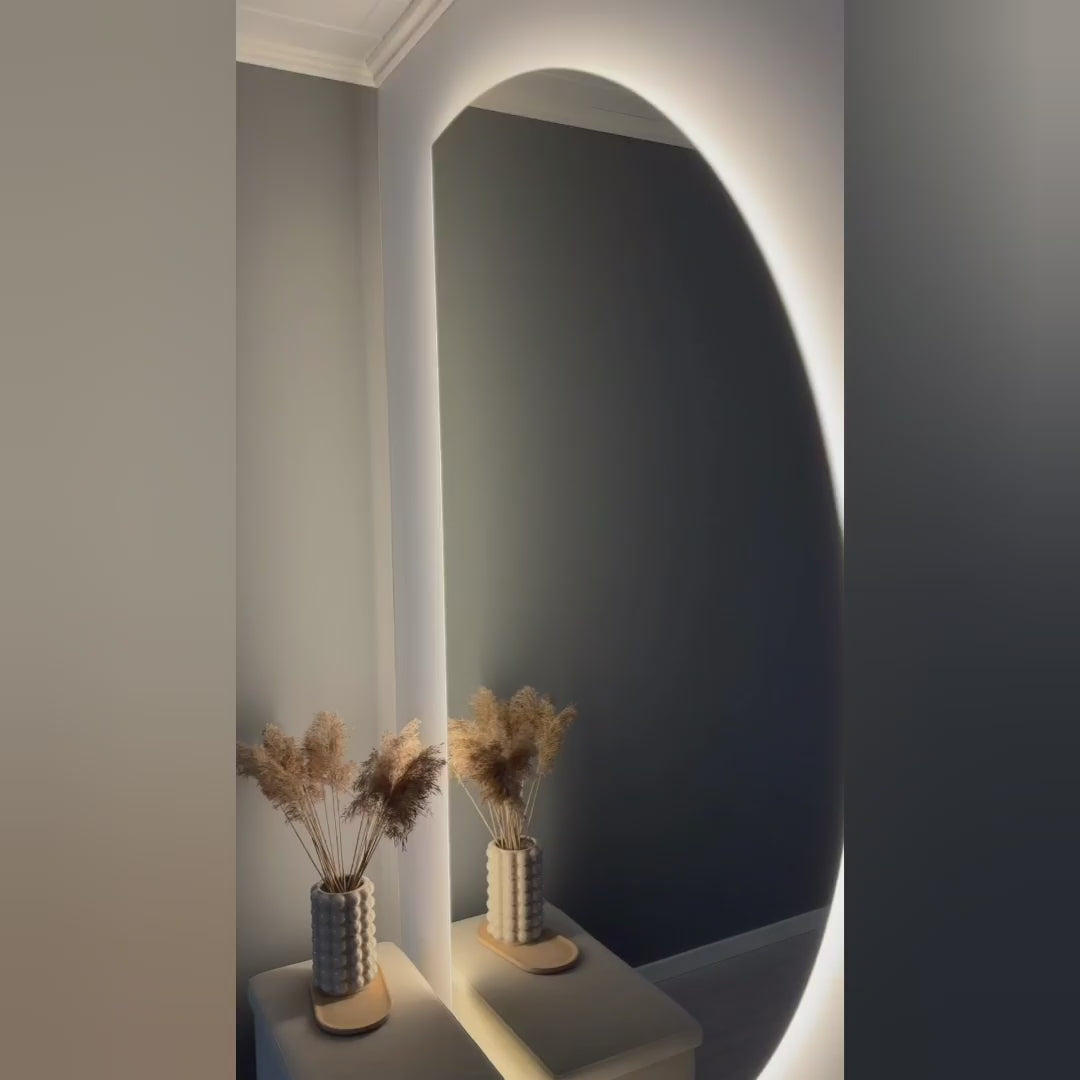 Load video: Extra-Large Half Moon Mirror with LED Lights (120x220cm)