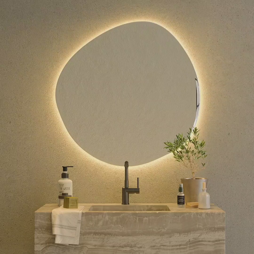 Load video: Cliff Mirror with colour-changing backlighting